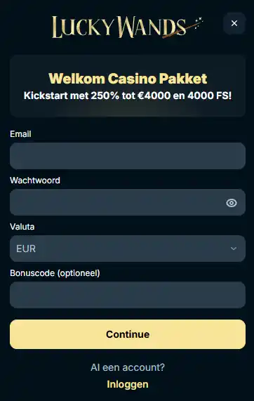 Echte beeldopname van het actuele LuckyWands registratieformulier met zichtbare invoervelden