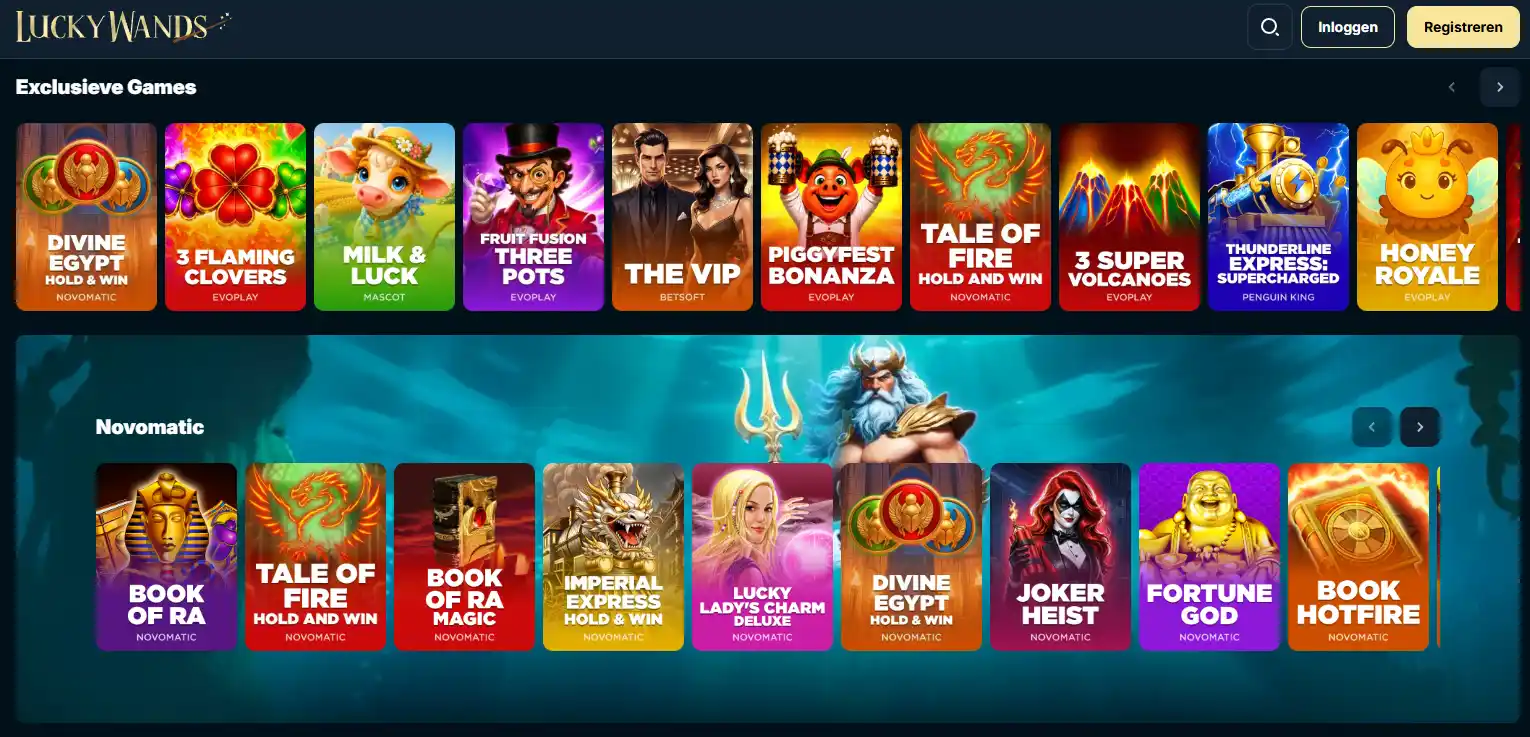 Echte beeldopname van de LuckyWands game lobby met categorieën voor slots, live casino en crash games