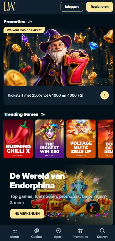Echte beeldopname van de actuele LuckyWands homepage of lobby in een smartphoneviewport