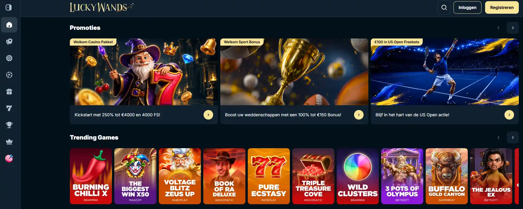 Beeldopname van de actuele LuckyWands homepage met promotieheadline
